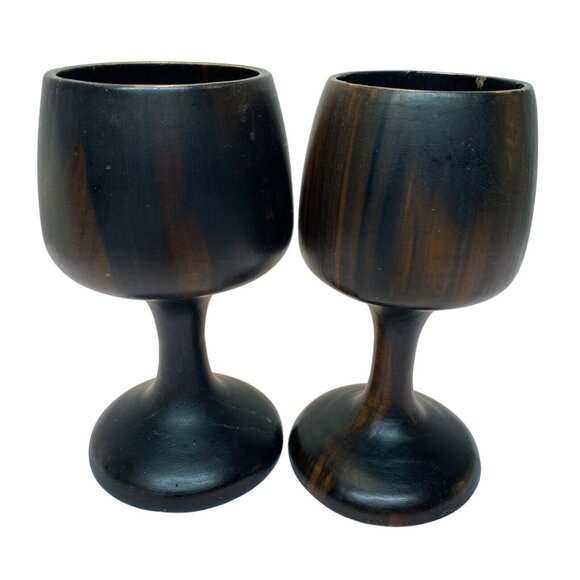 Vintage Set of 4 Dark Wooden Stemmed Wine Goblets Hand turned Mid-Century Modern - Picture 5 of 16